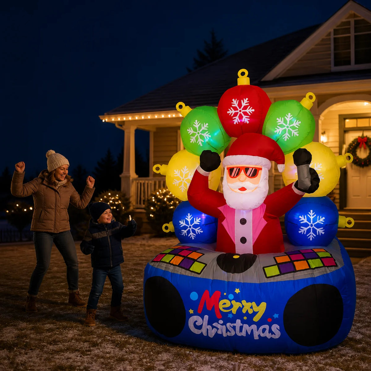 Lighted DJ Santa Christmas inflatable glowing at night as a mom and child dance