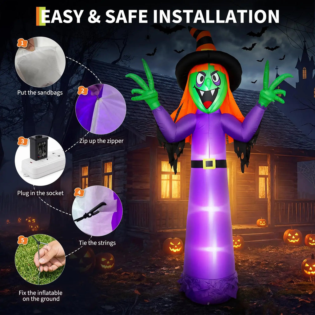 Setup steps for the inflatable witch: base weight, zipper, plug, ropes, and stakes