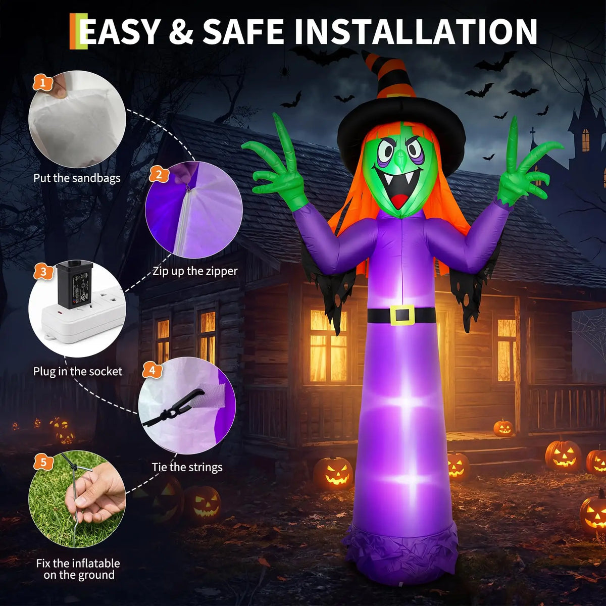 Setup steps for the inflatable witch: base weight, zipper, plug, ropes, and stakes