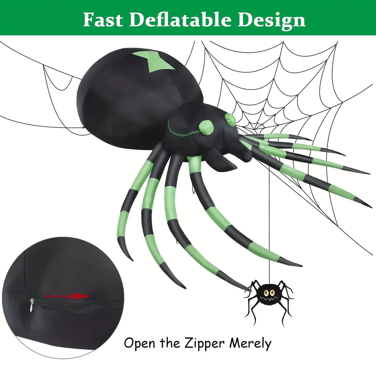 Blow up spider with green-striped legs and a close-up of its deflation zipper