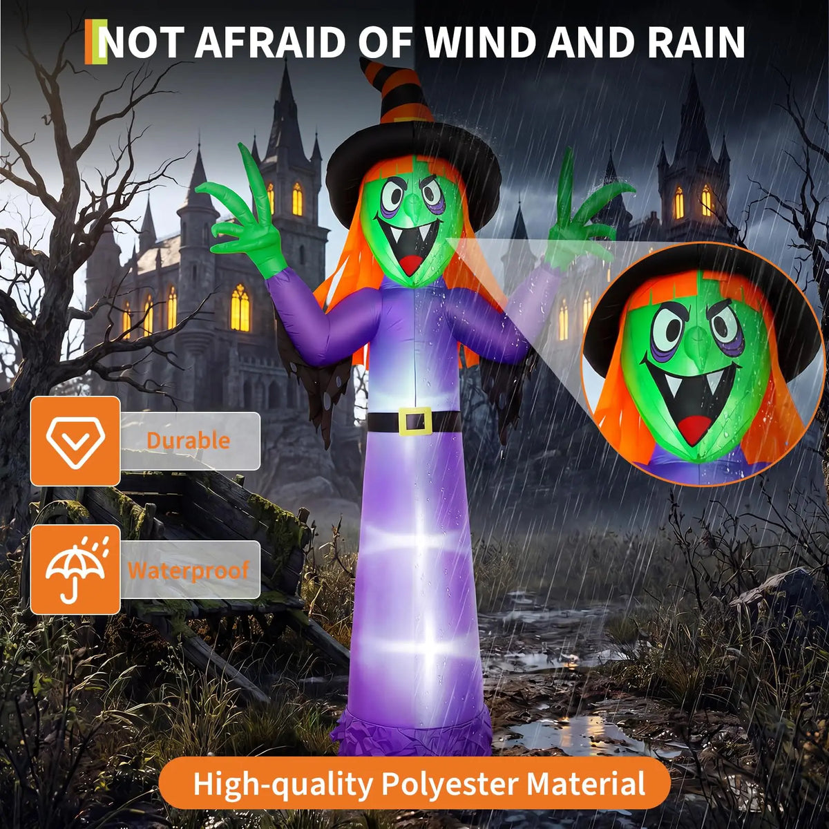Halloween inflatable witch in the rain with a close-up of her green fanged face
