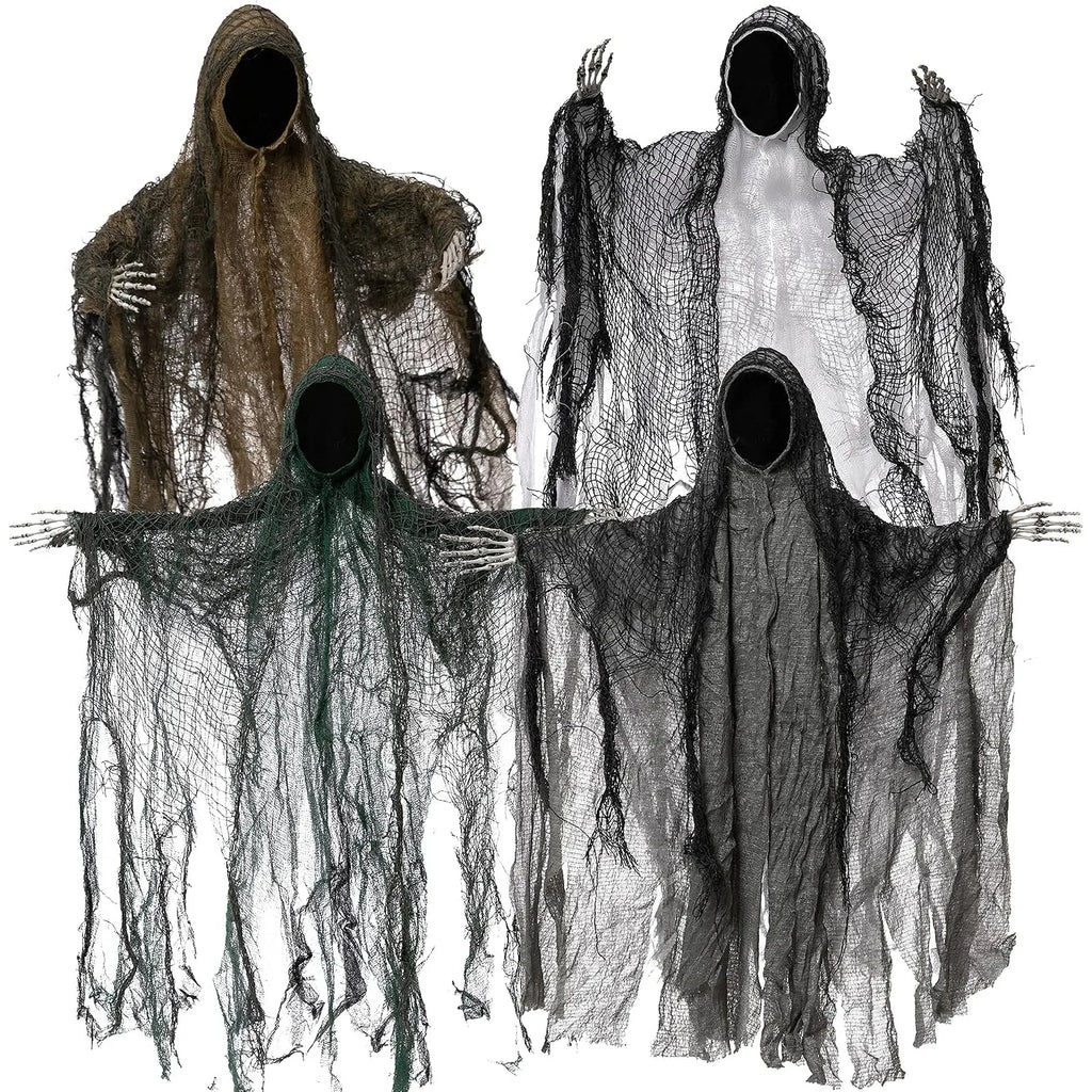 Set of four hanging ghosts with skeleton hands and hooded robes