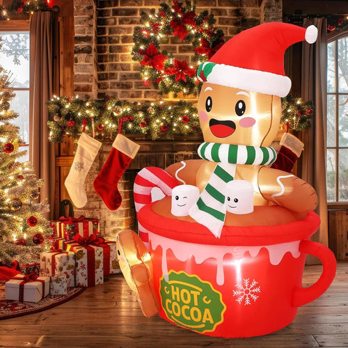 6FT Christmas Gingerbread Man Hot Cocoa Mug Inflatable With LED Lights Blow Up Outdoor Toy For Yard Lawn Garden Party Decor Xmas