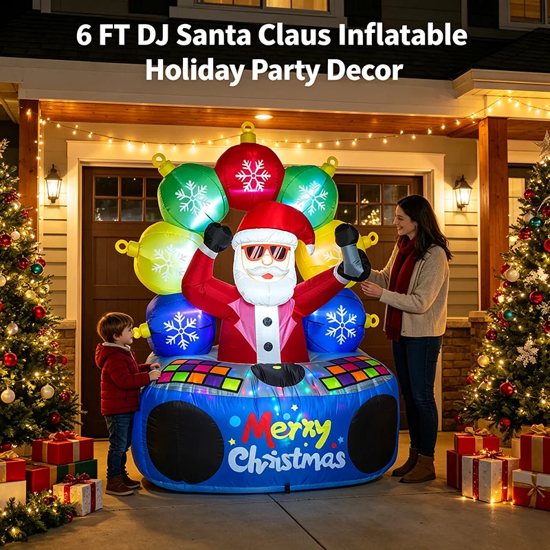 DJ Santa inflatable with snowflake ornaments in a decorated front yard with a family