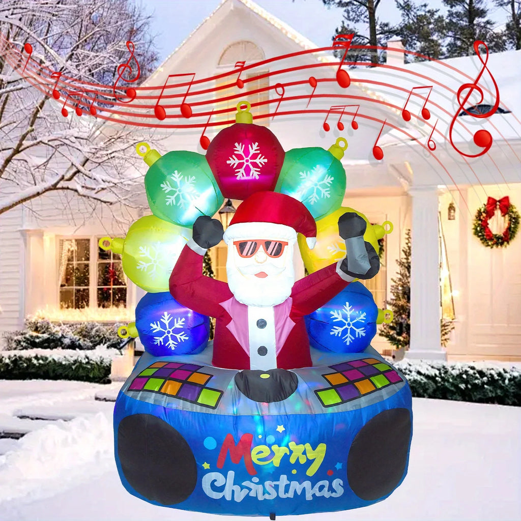 DJ Santa Claus blow up playing music in a snowy front yard