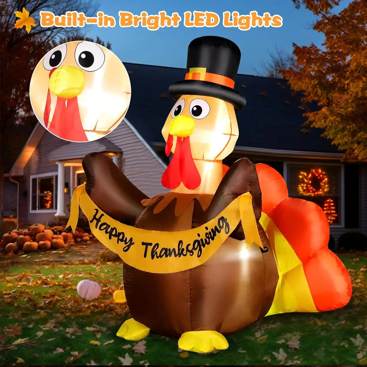Light-up turkey in pilgrim hat glowing with built-in LED lights at dusk