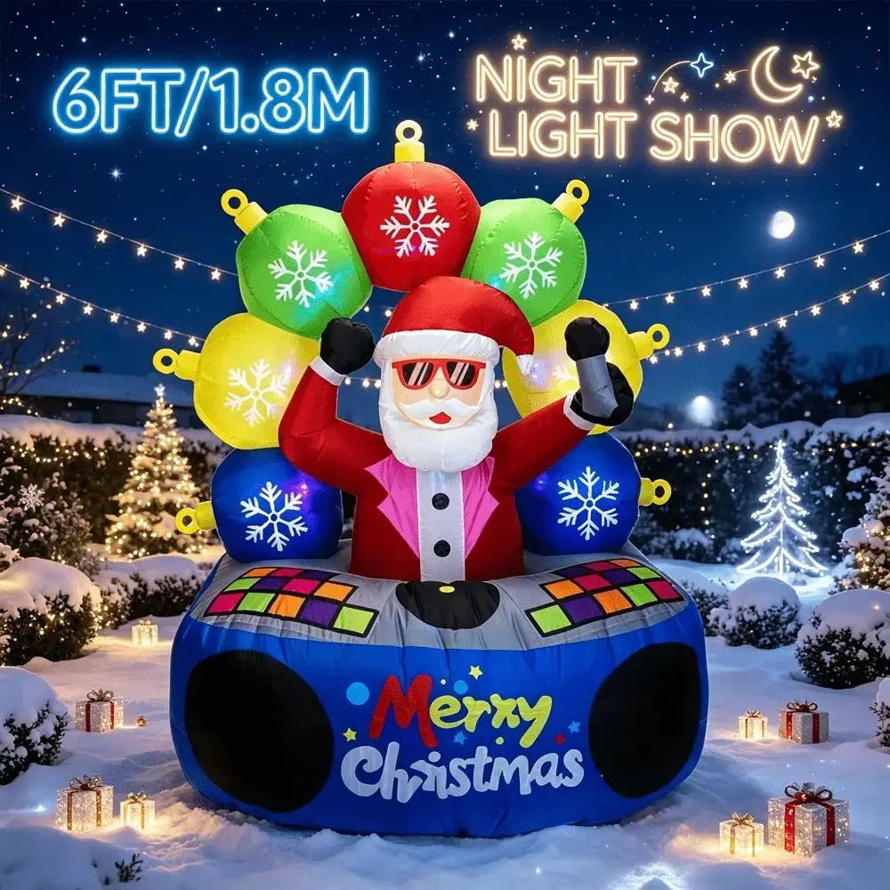 6 ft DJ Santa blow up lit up for a nighttime Christmas light show