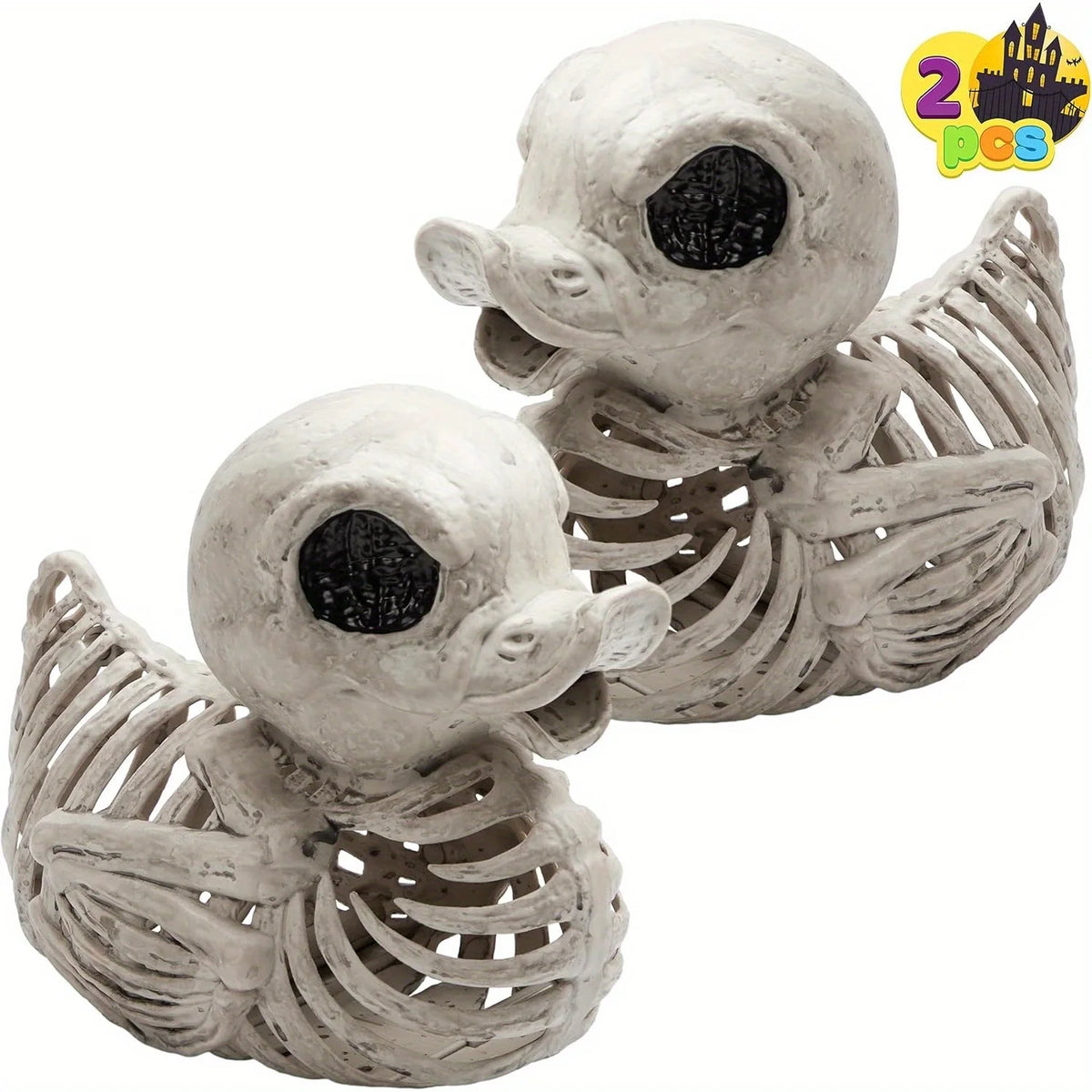Two skeleton duck Halloween decorations, a 2-pack of bone-look duck skeletons
