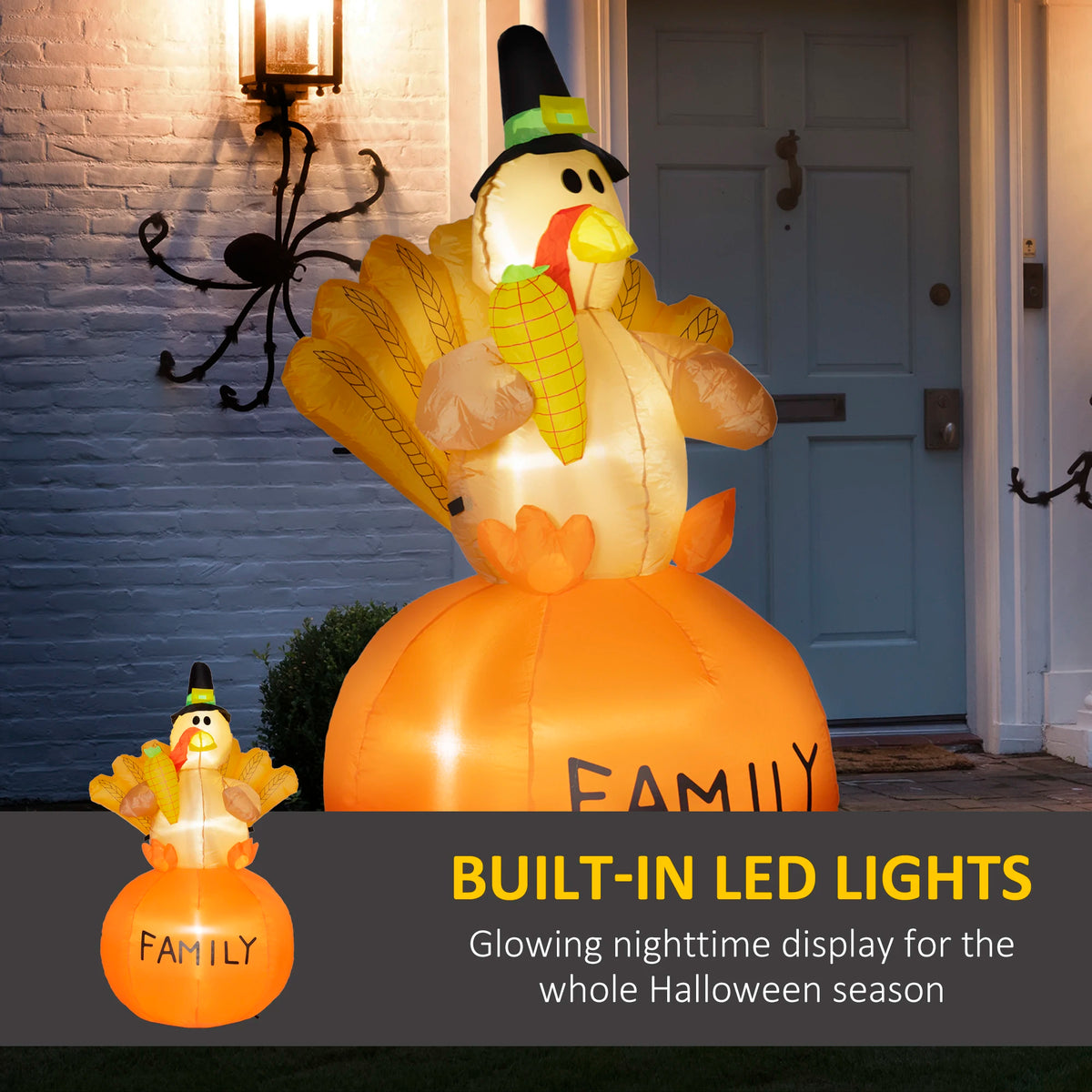 Blow up turkey glowing with built-in white LED lights by a front door at night