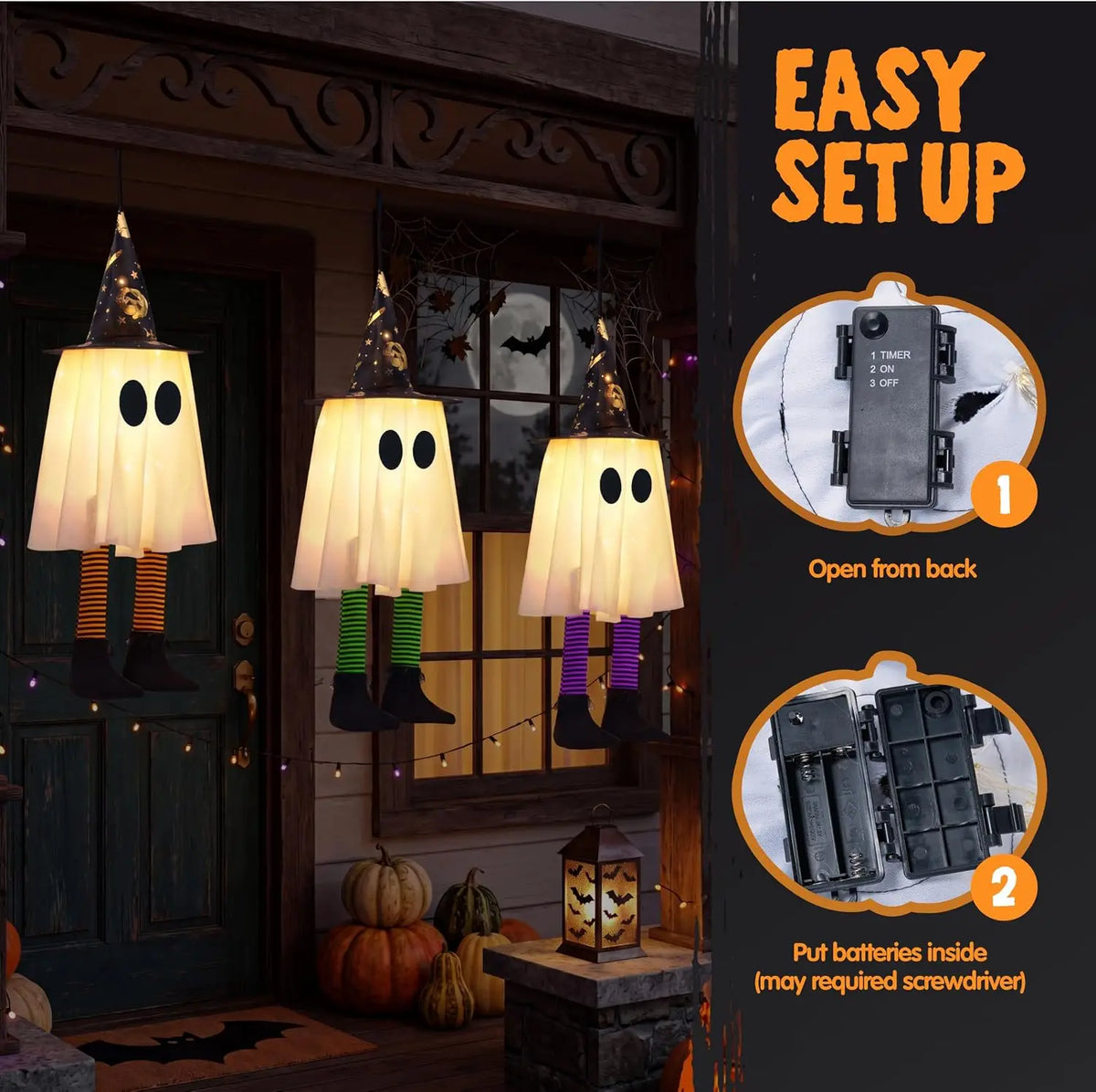 Hanging ghost battery box with Timer, On, and Off settings, shown on a front porch display