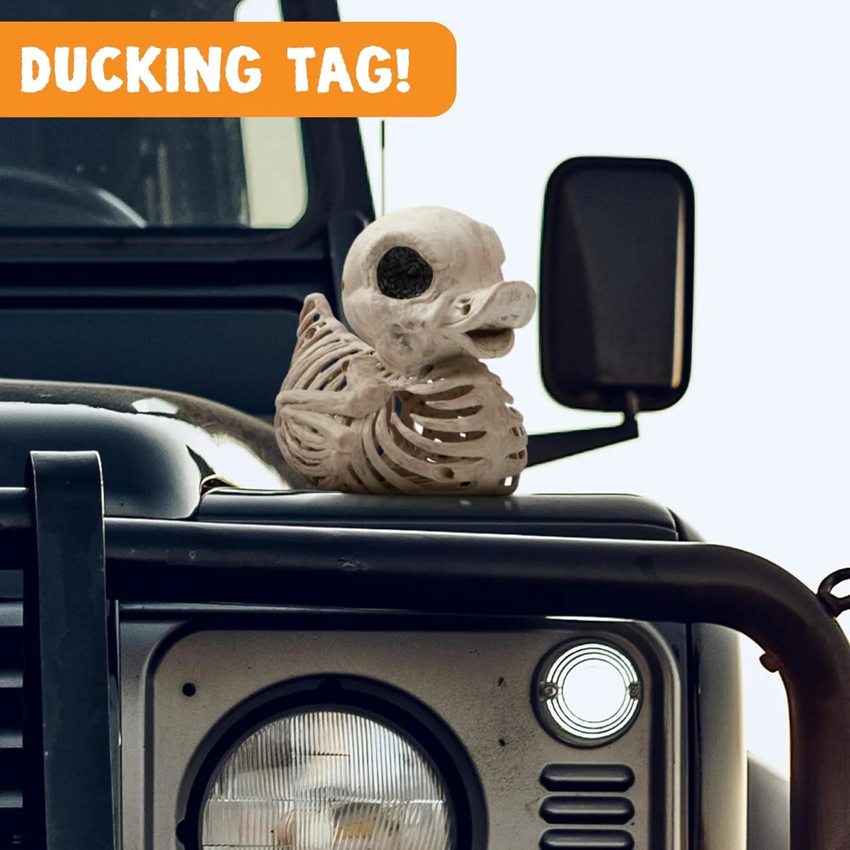 A skeleton duck sitting on a vehicle hood for a ducking game
