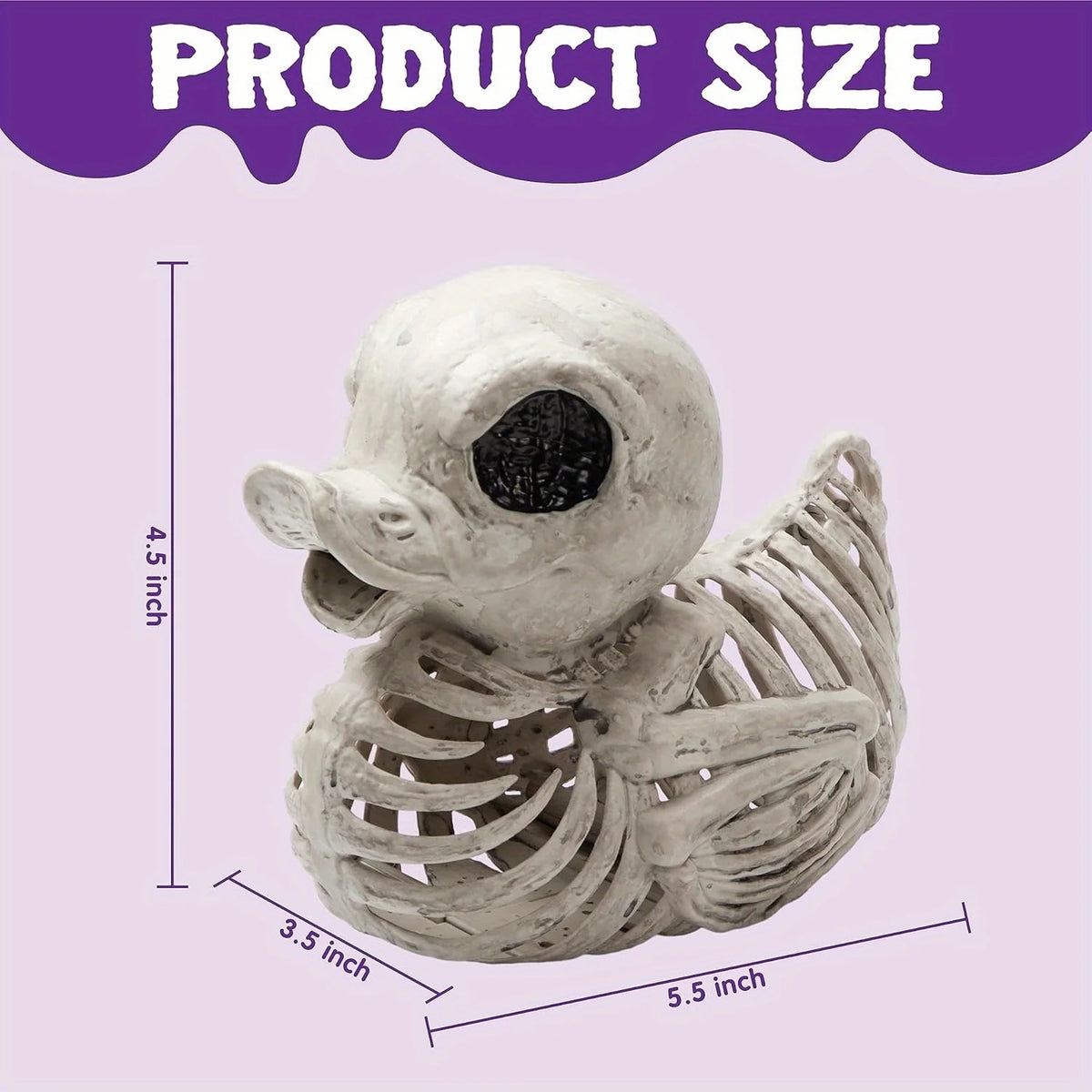 Skeleton duck size chart showing 4.5 inches tall, 5.5 inches long, and 3.5 inches wide
