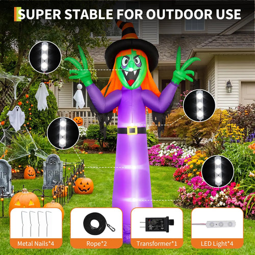 Light-up blow up witch showing 4 LED lights, stakes, ropes, and transformer included