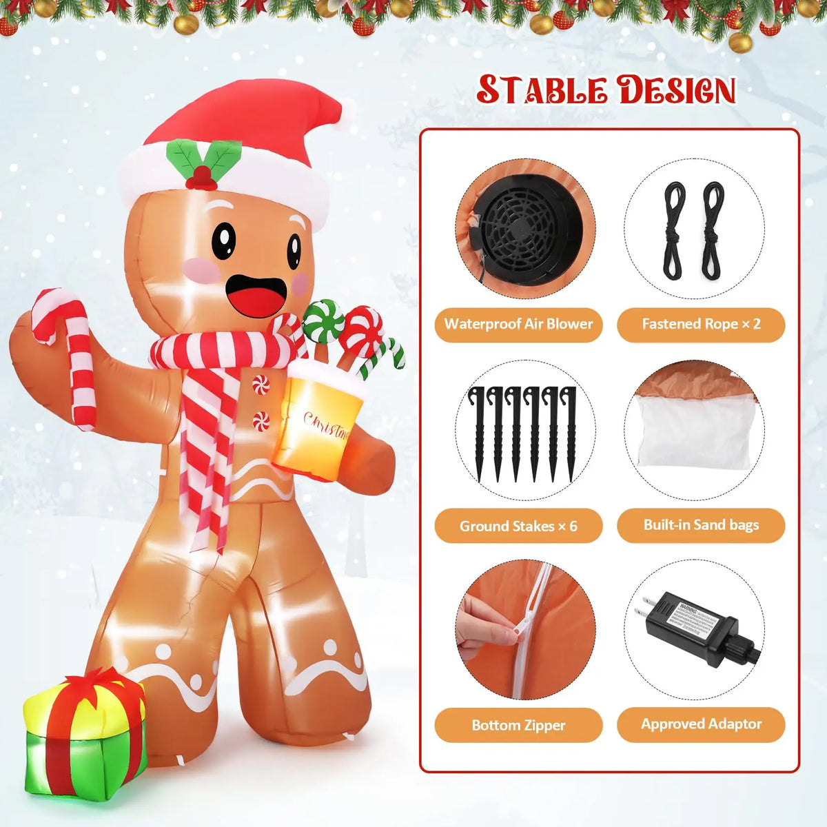 8FT Christmas Gingerbread Man Inflatable With 5 LED Lights Blow Up Outdoor Toy Yard Decoration For Lawn Garden Party Decor