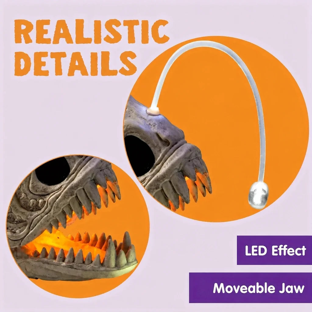 Close-up of the anglerfish skeleton's LED lure and moving jaw with sculpted teeth