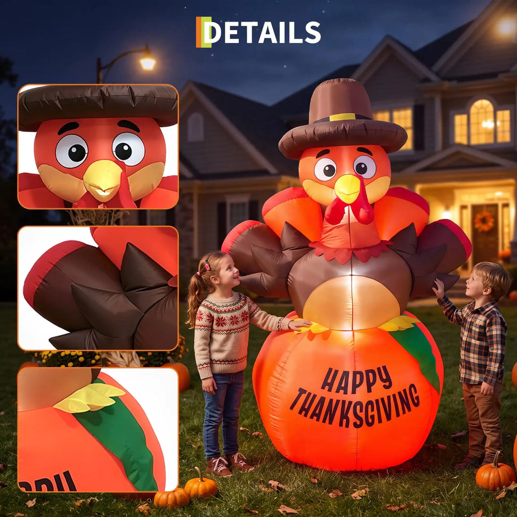 Close-ups of the turkey inflatable's face, wing feathers, and pumpkin leaf