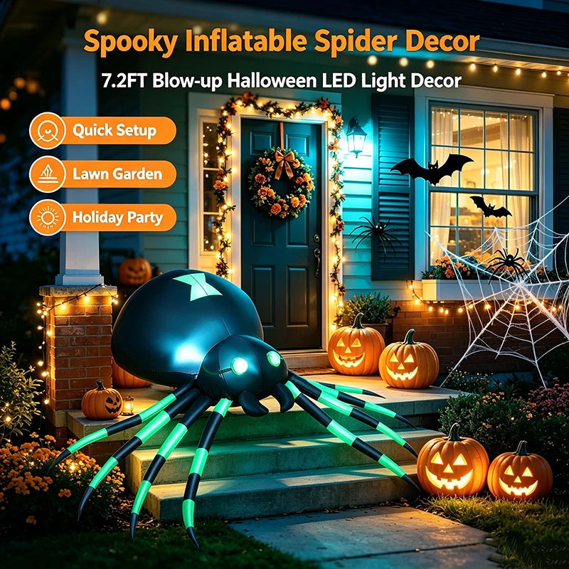 Light-up inflatable spider on porch steps decorated for Halloween