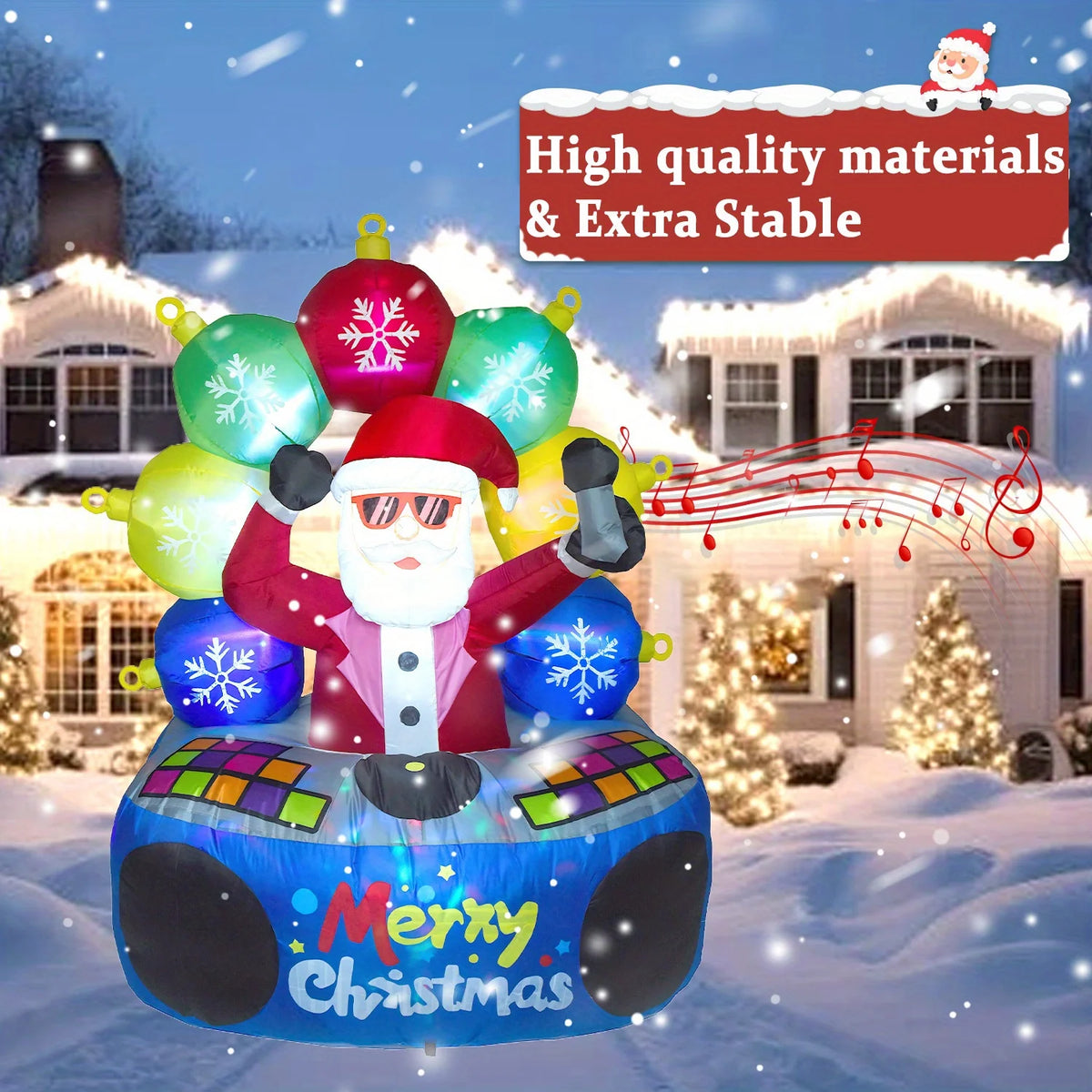 Funny Christmas inflatable of Santa as a DJ in a snowy neighborhood