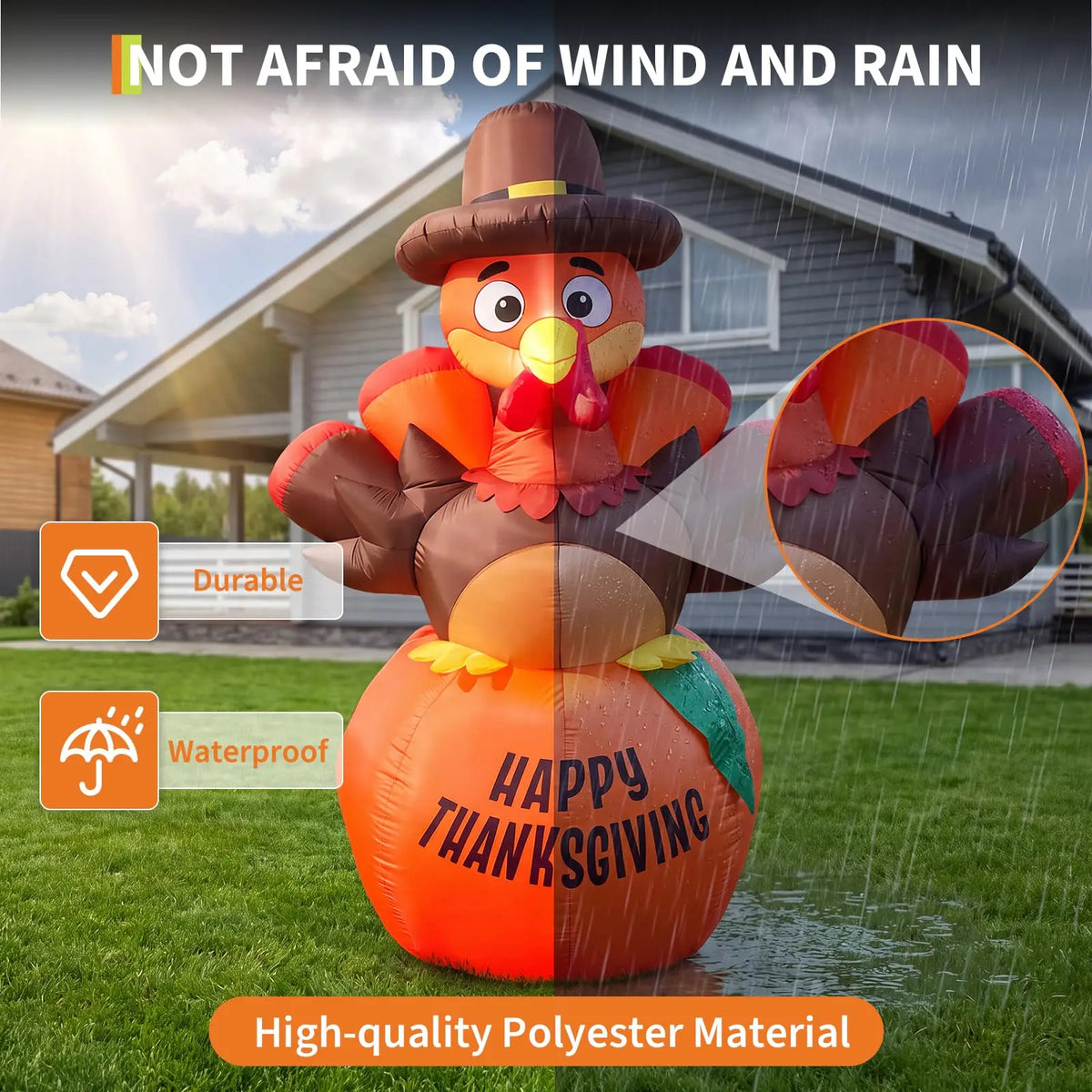 Outdoor turkey decoration on a pumpkin shown in sun and rain