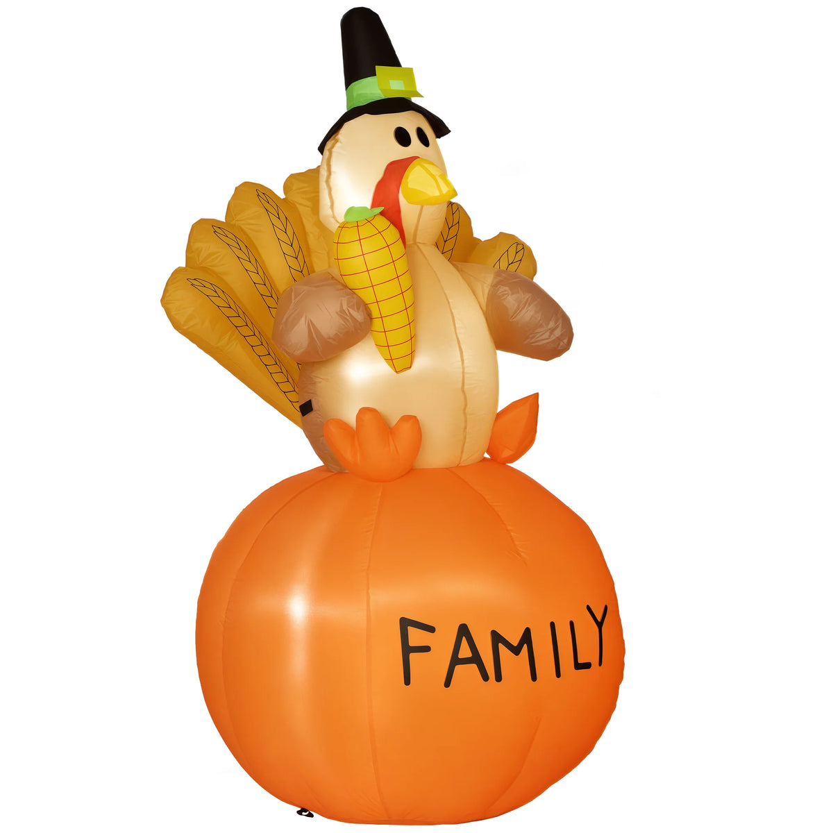 Thanksgiving inflatable turkey holding corn on an orange FAMILY pumpkin