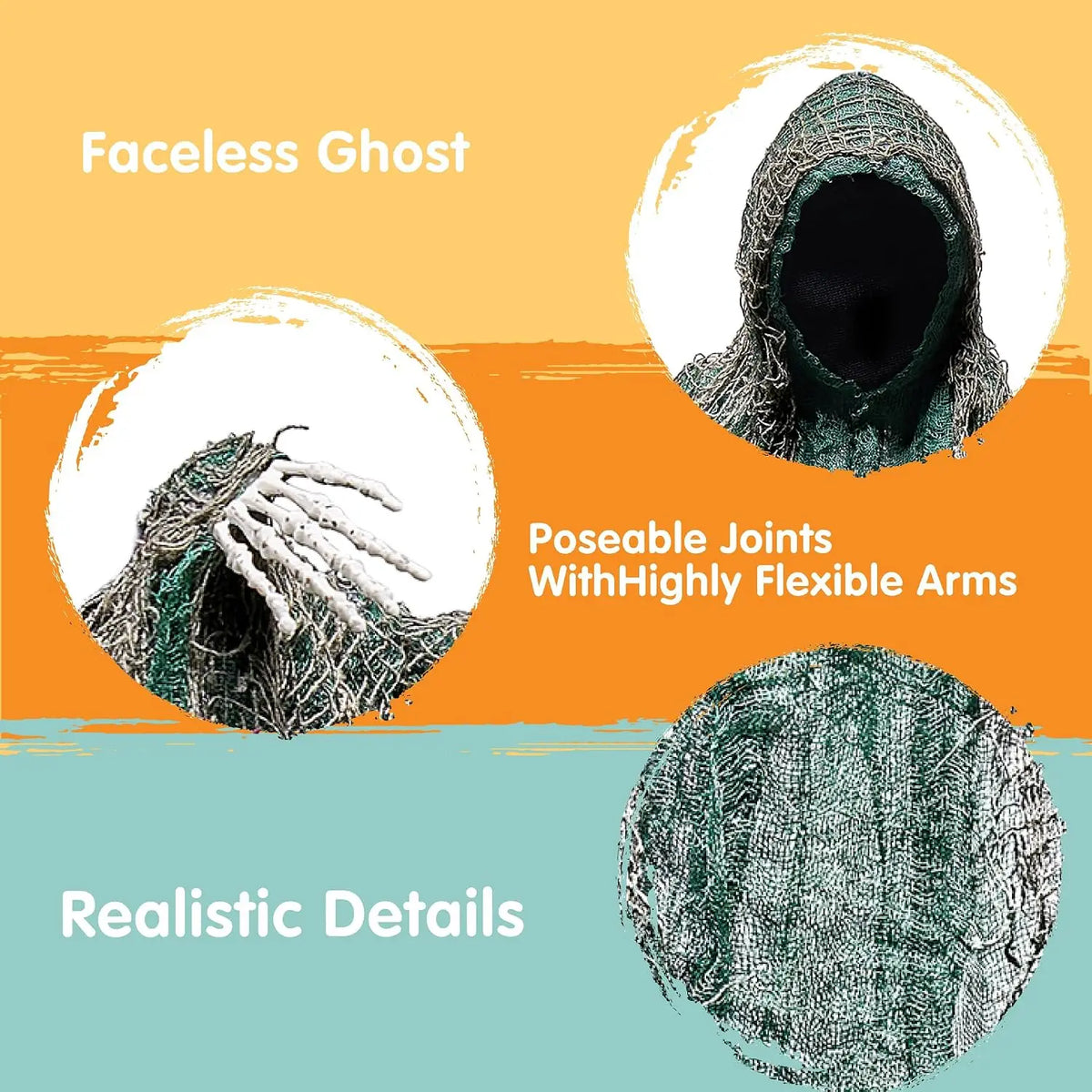 Close-up of a faceless ghost's hood, poseable skeleton hand, and tattered robe