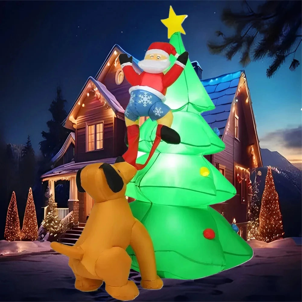 Inflatable Santa with dog glowing outside a decorated house