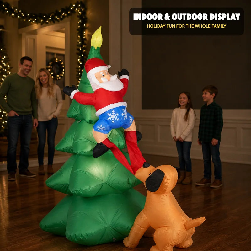 Santa and dog Christmas inflatable lit up indoors with a family