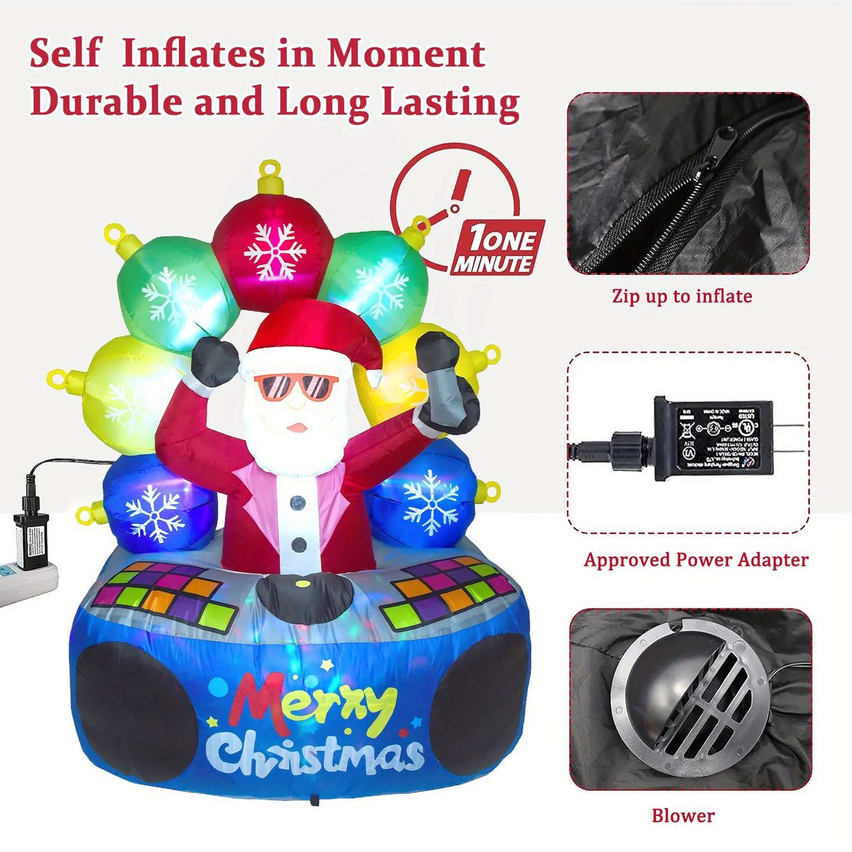 DJ Santa inflatable setup with zipper, approved power adapter, and blower