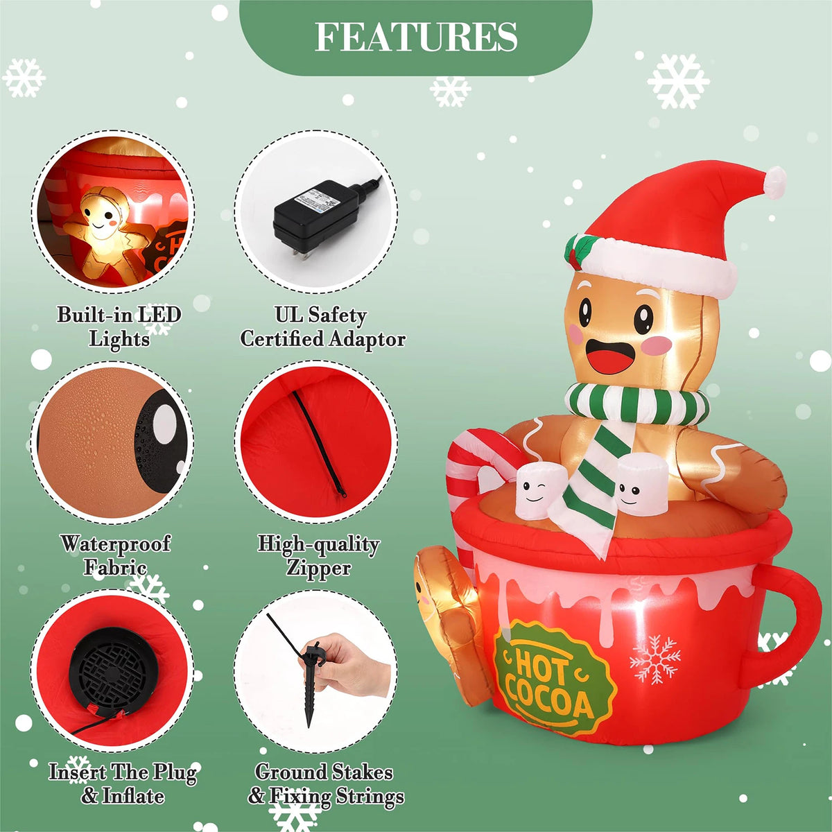 6FT Christmas Gingerbread Man Hot Cocoa Mug Inflatable With LED Lights Blow Up Outdoor Toy For Yard Lawn Garden Party Decor Xmas