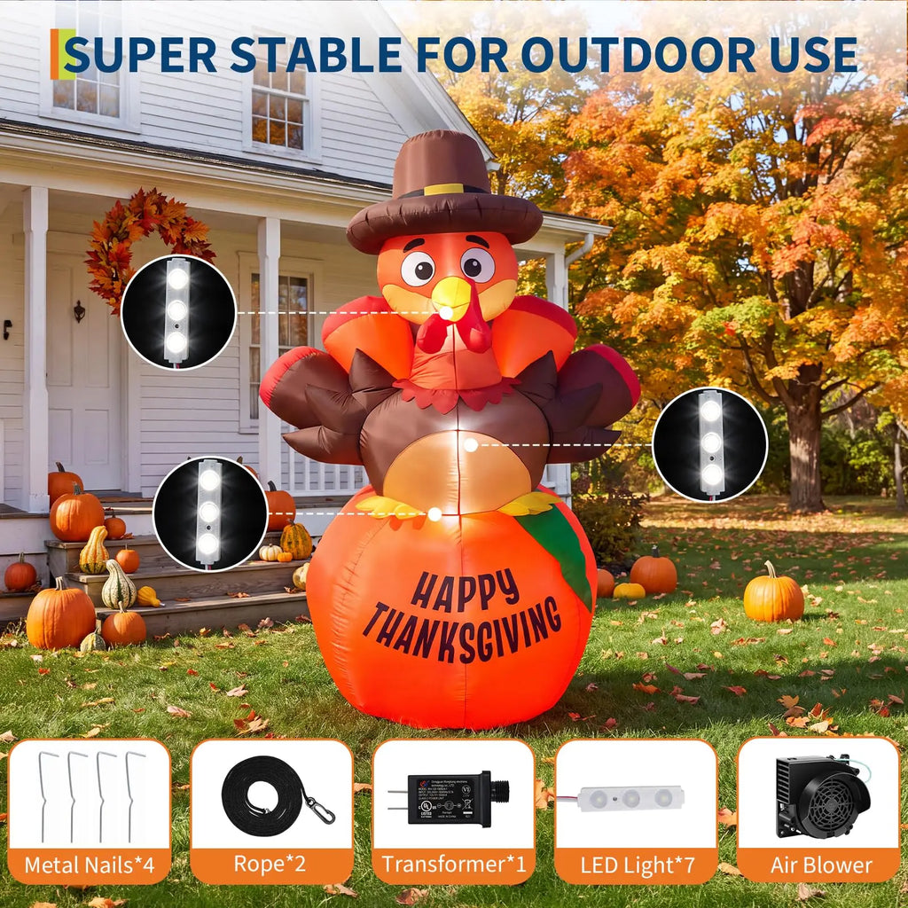 Light-up turkey inflatable with 7 LED lights, 4 stakes, 2 ropes, transformer, and blower