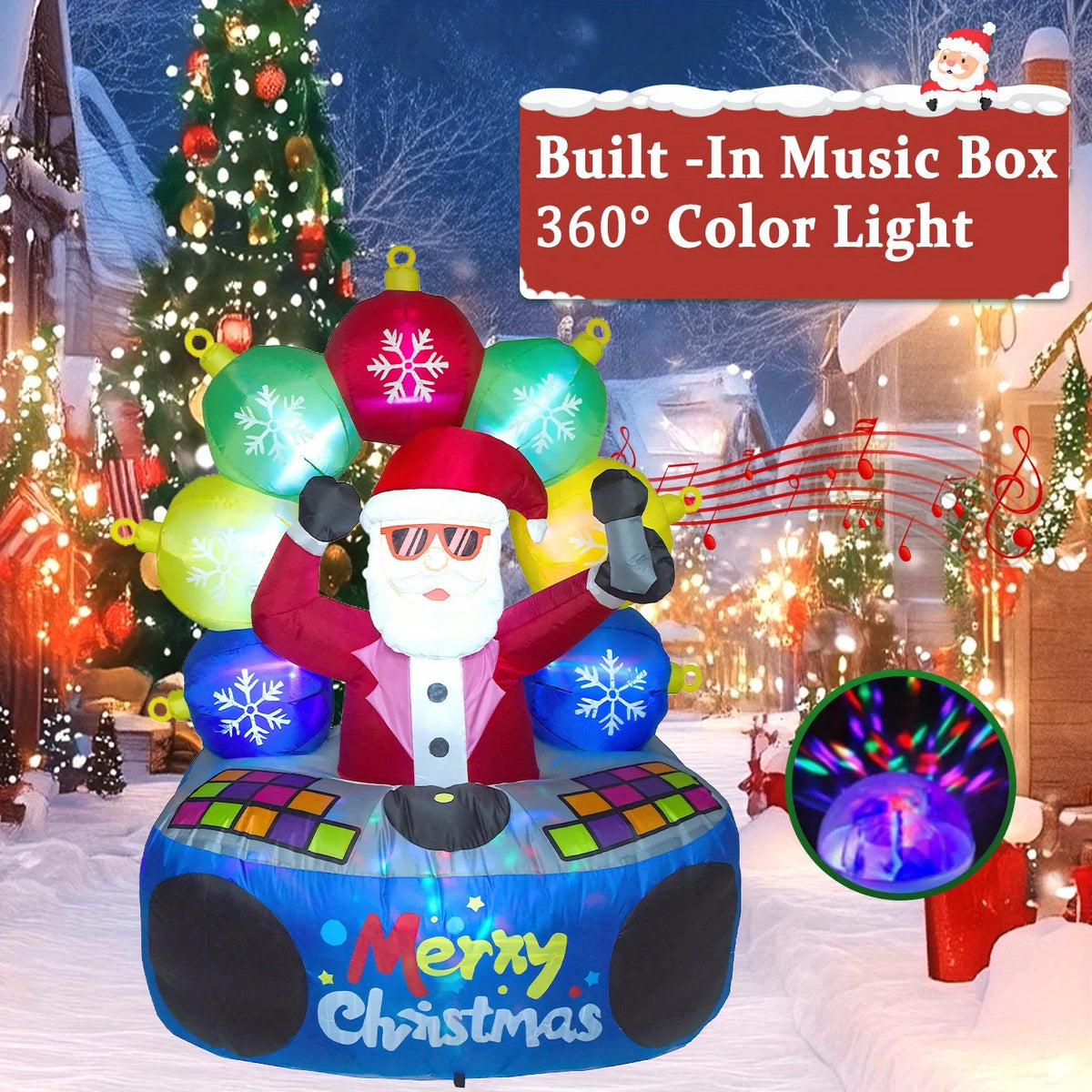 Inflatable DJ Santa with a built-in music box and a 360° rotating color light