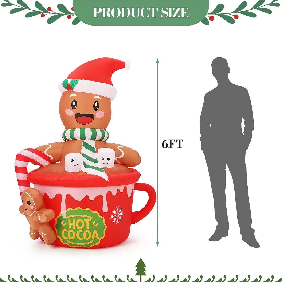 6FT Christmas Gingerbread Man Hot Cocoa Mug Inflatable With LED Lights Blow Up Outdoor Toy For Yard Lawn Garden Party Decor Xmas