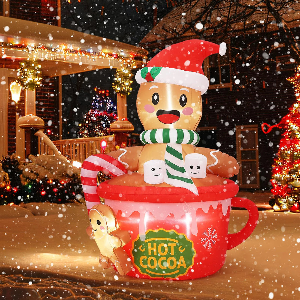 6FT Christmas Gingerbread Man Hot Cocoa Mug Inflatable With LED Lights Blow Up Outdoor Toy For Yard Lawn Garden Party Decor Xmas