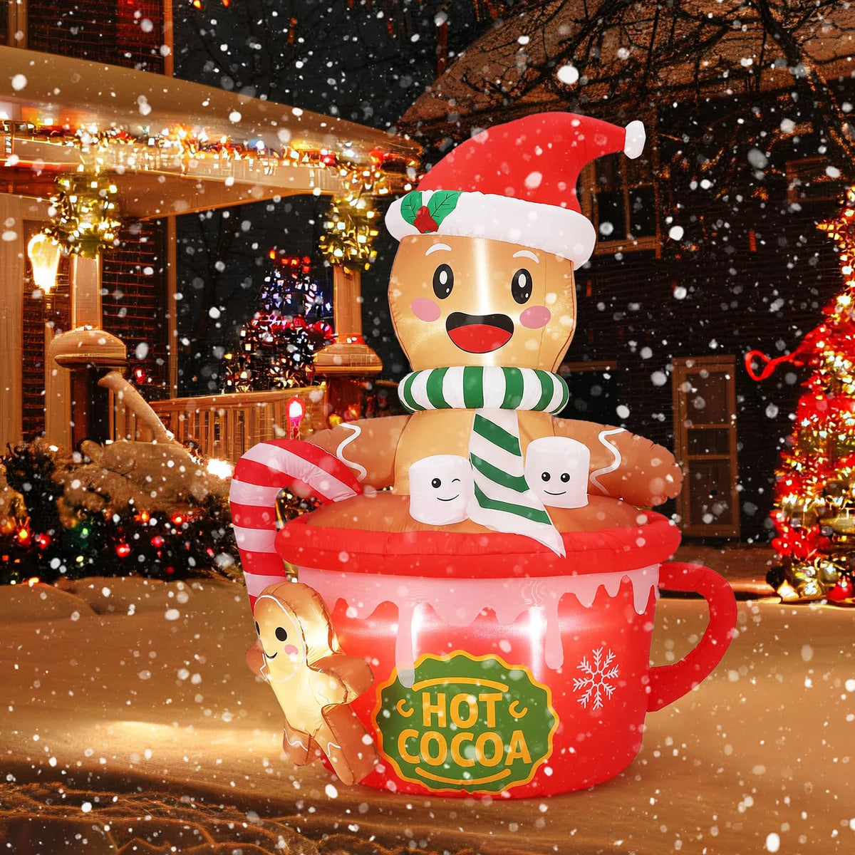 6FT Christmas Gingerbread Man Hot Cocoa Mug Inflatable With LED Lights Blow Up Outdoor Toy For Yard Lawn Garden Party Decor Xmas
