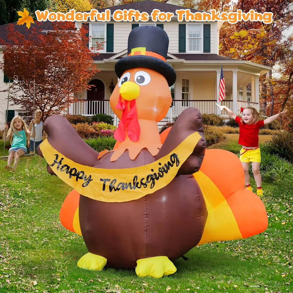 Kids playing beside a small inflatable turkey in a pilgrim hat on the lawn