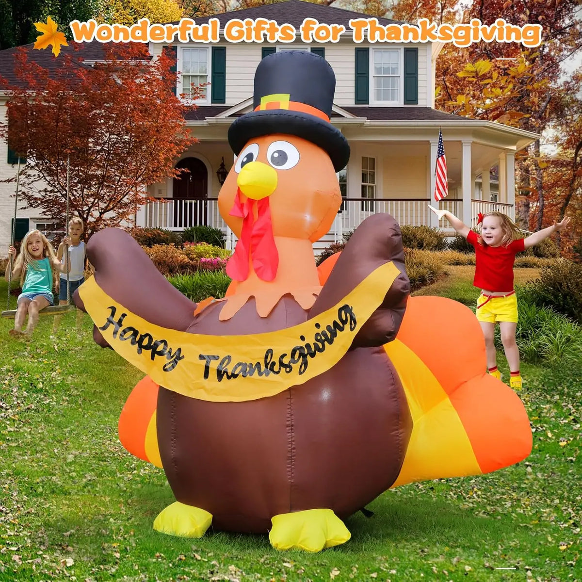 Kids playing beside a small inflatable turkey in a pilgrim hat on the lawn