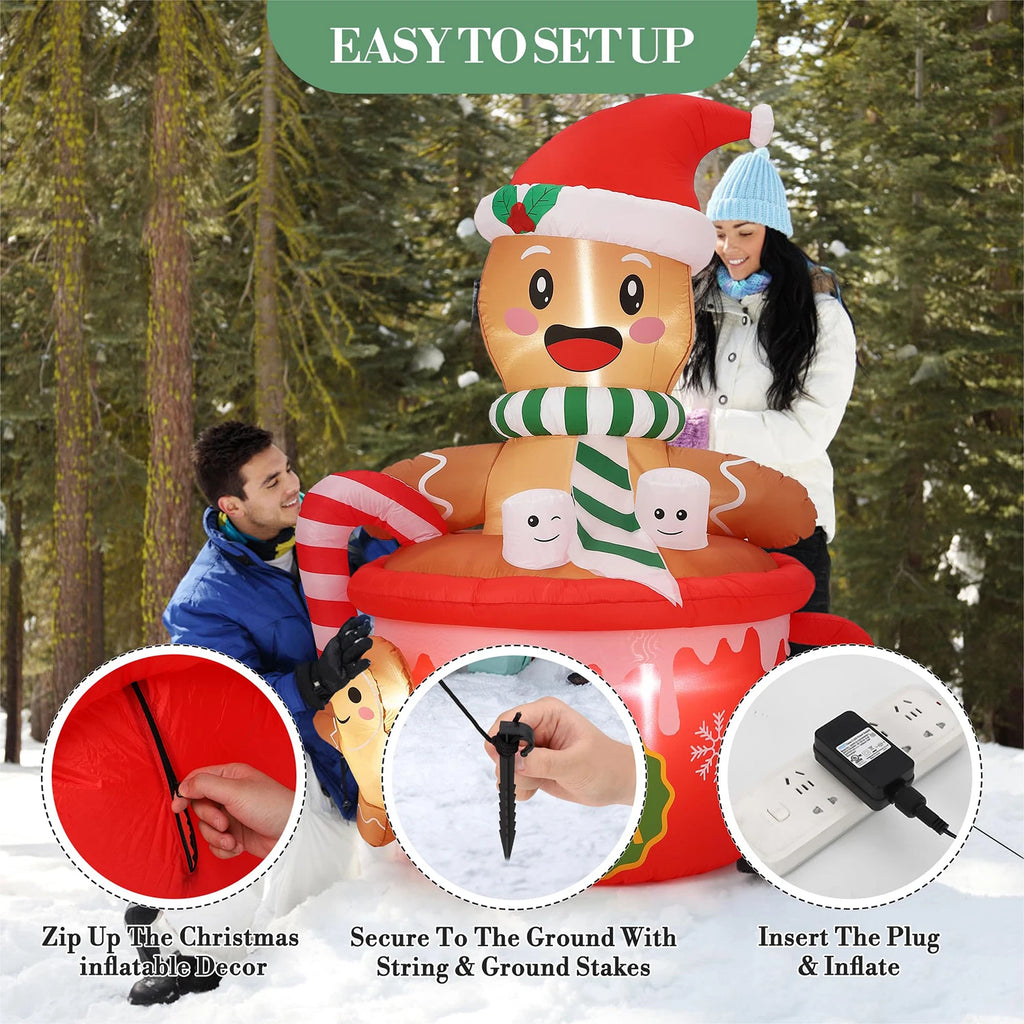 6FT Christmas Gingerbread Man Hot Cocoa Mug Inflatable With LED Lights Blow Up Outdoor Toy For Yard Lawn Garden Party Decor Xmas