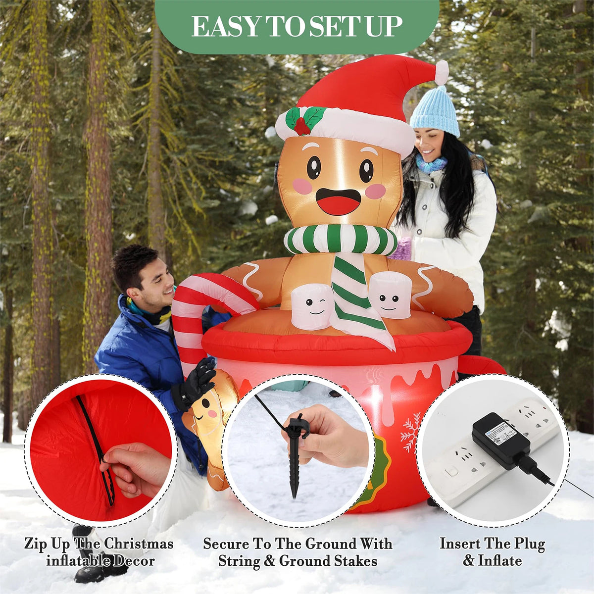 6FT Christmas Gingerbread Man Hot Cocoa Mug Inflatable With LED Lights Blow Up Outdoor Toy For Yard Lawn Garden Party Decor Xmas