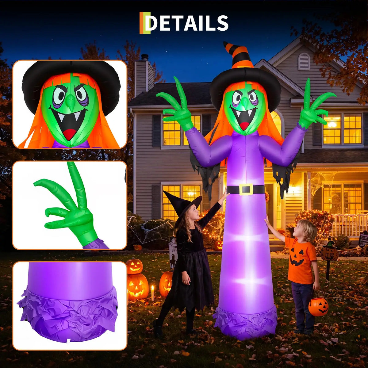 Close-ups of the inflatable witch's face, clawed hand, and ruffled purple base