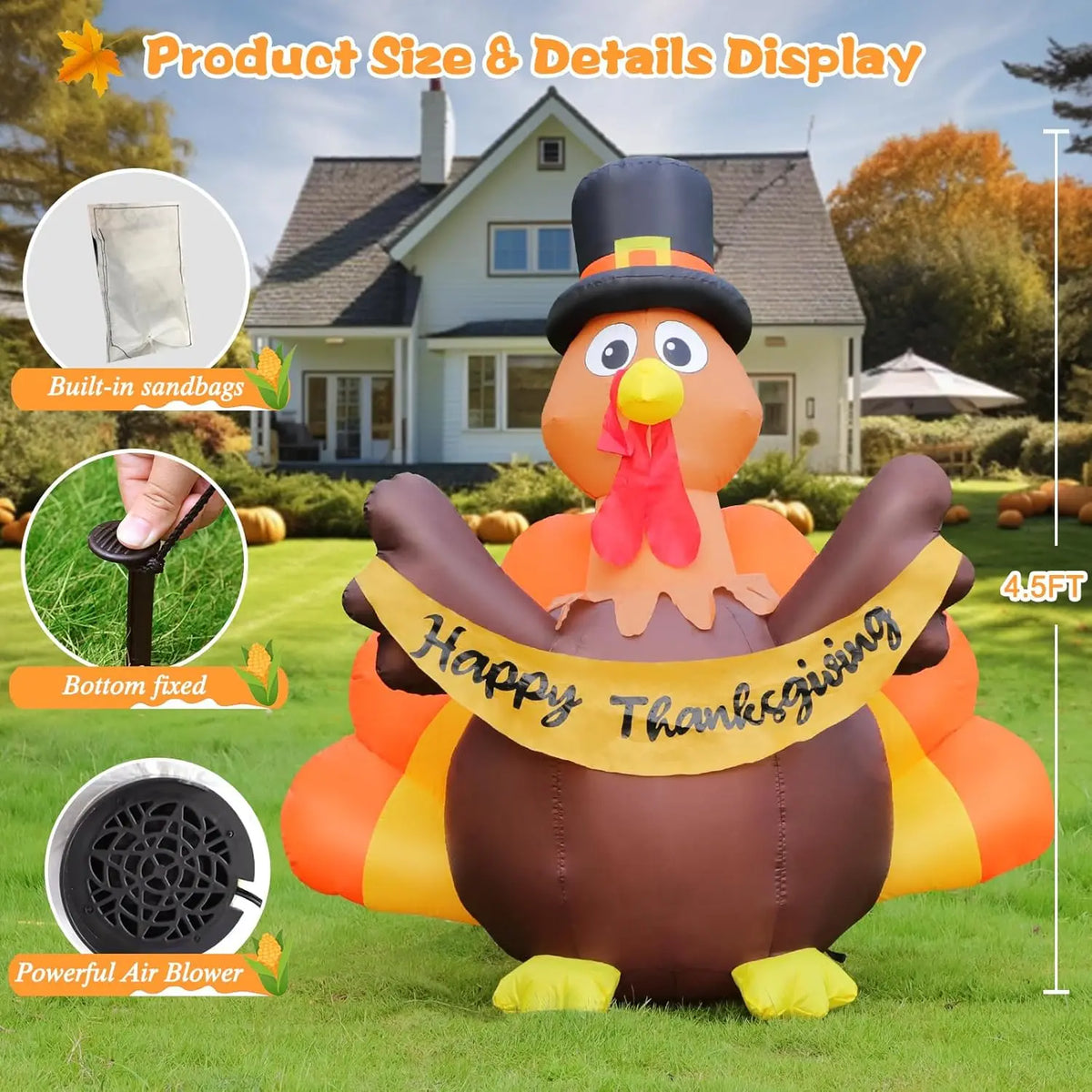 4.5 ft pilgrim turkey inflatable with built-in sandbags, ground stakes, and air blower