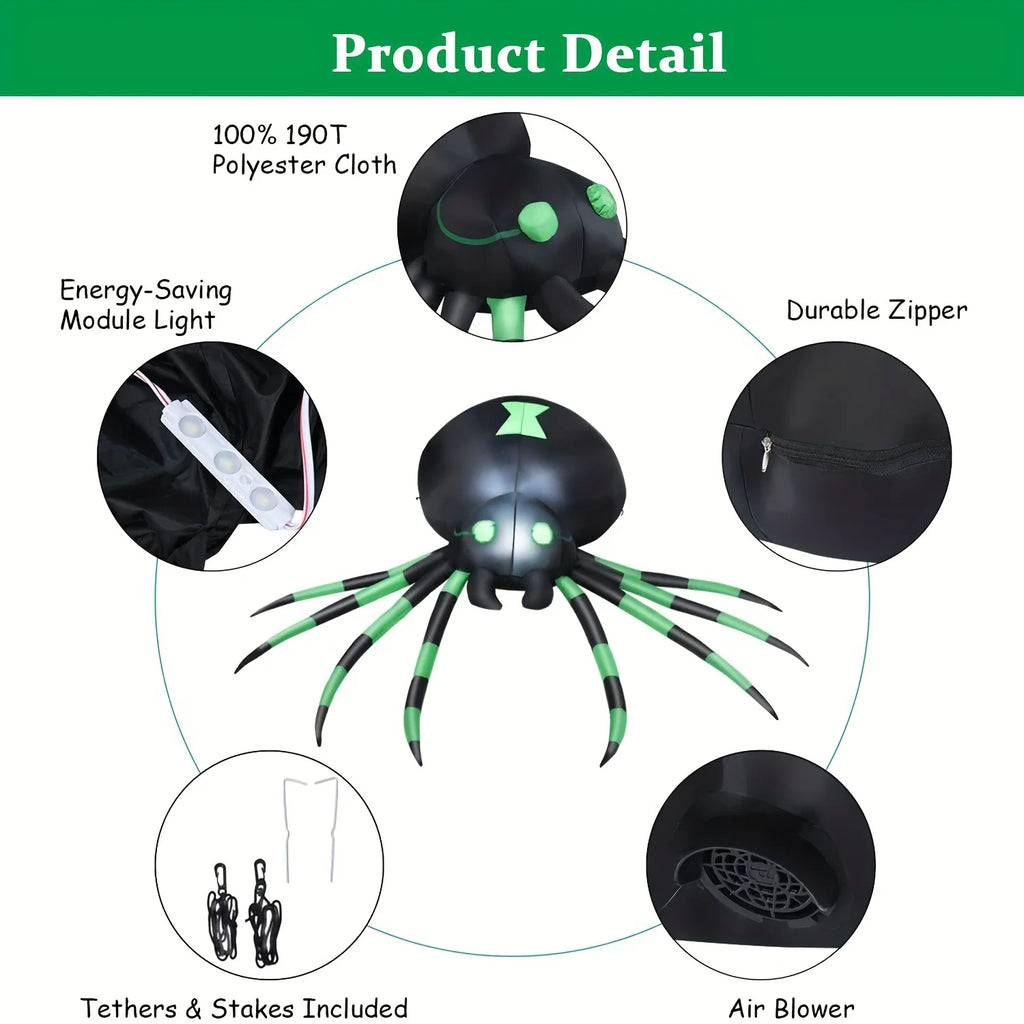 Inflatable spider product details: polyester fabric, LED light, zipper, blower, stakes, and ropes