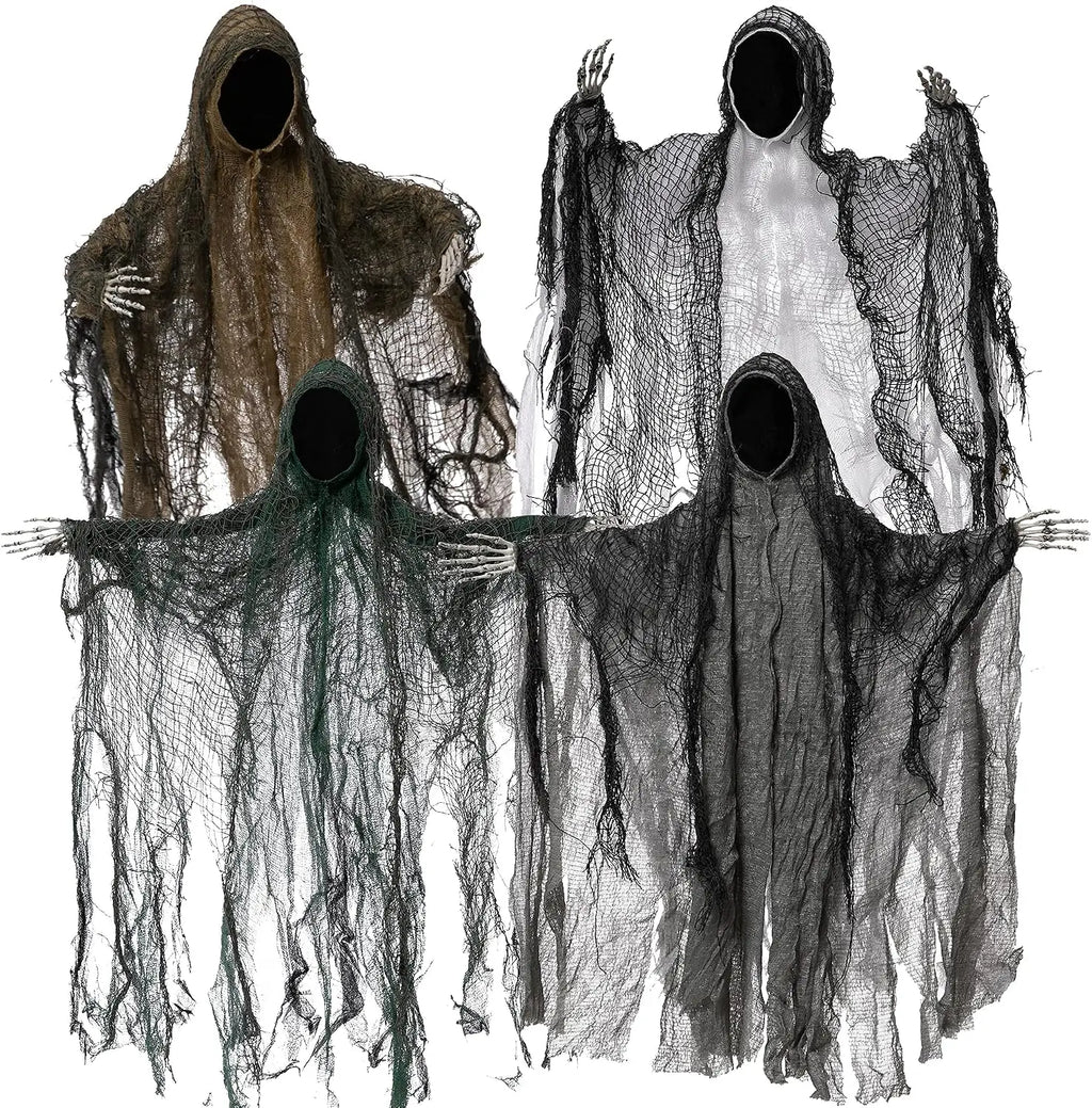 Four faceless hanging ghosts for Halloween in brown, white, green, and grey