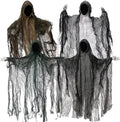 Four faceless hanging ghosts for Halloween in brown, white, green, and grey