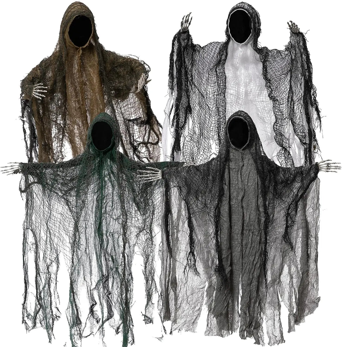 Four faceless hanging ghosts for Halloween in brown, white, green, and grey