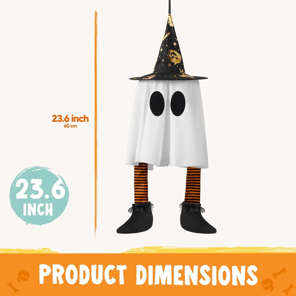 Hanging ghost with legs size chart showing 23.6 inches tall