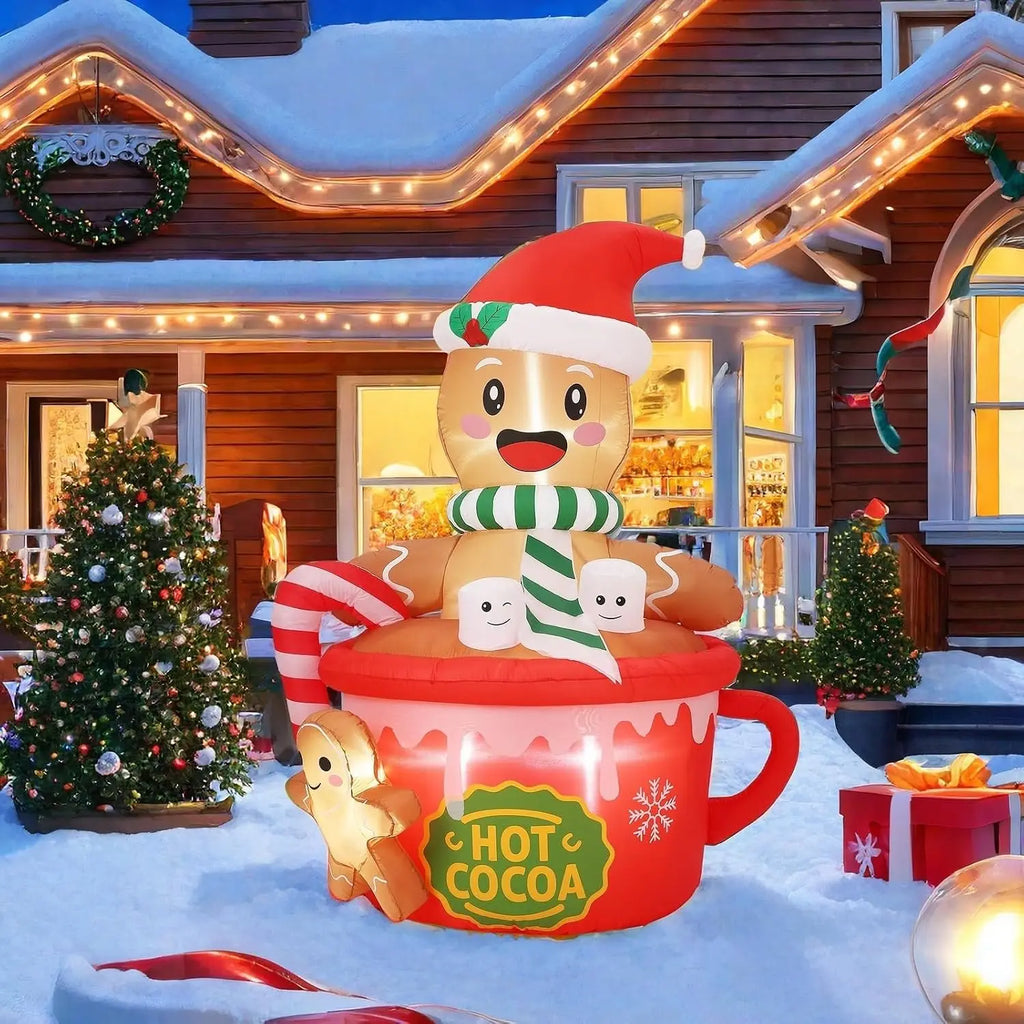 6FT Christmas Gingerbread Man Hot Cocoa Mug Inflatable With LED Lights Blow Up Outdoor Toy For Yard Lawn Garden Party Decor Xmas