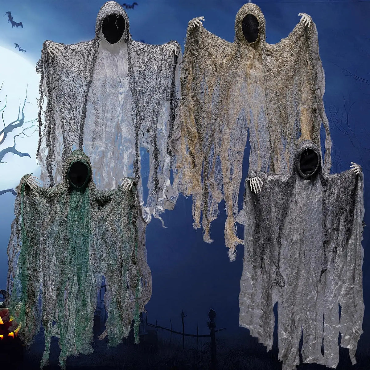 Faceless Halloween ghost props against a full-moon night sky with bats