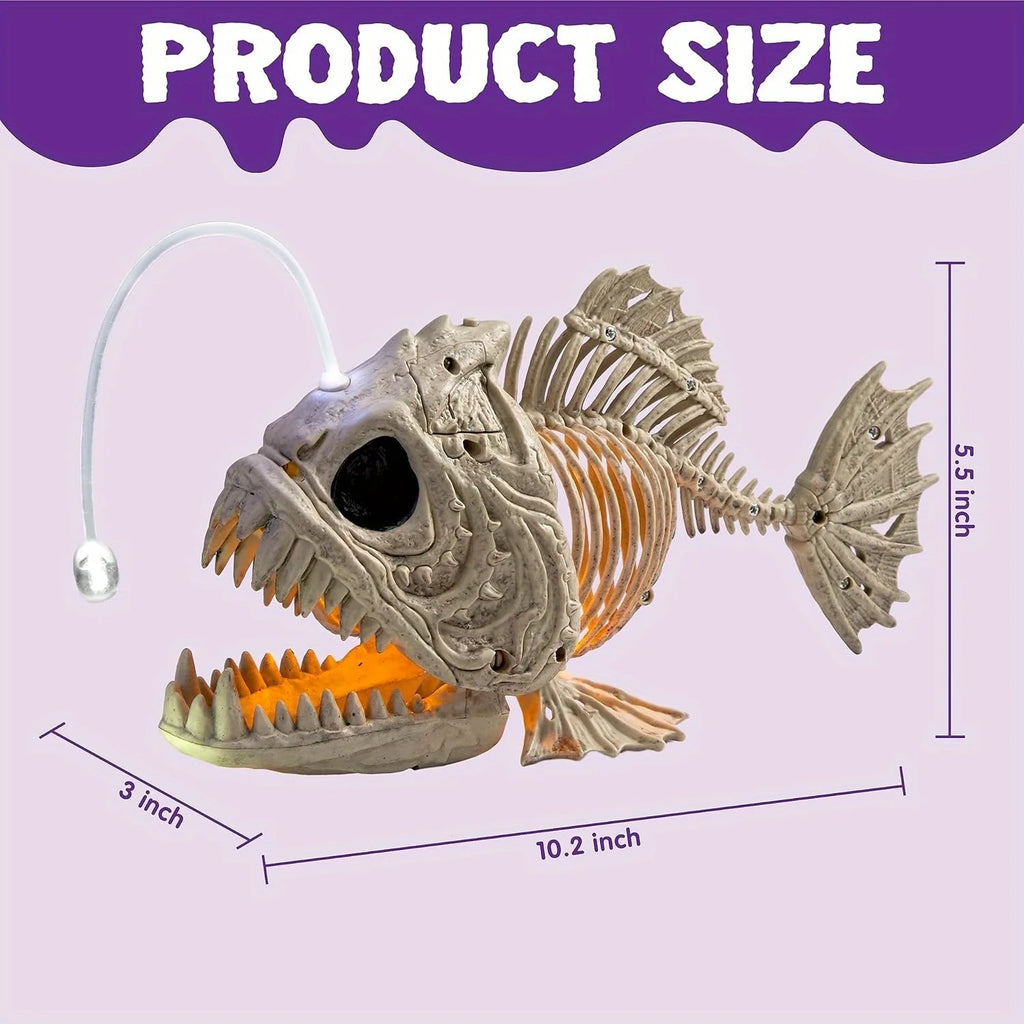 Anglerfish skeleton size chart showing 10.2 inches long, 5.5 inches tall, and 3 inches wide