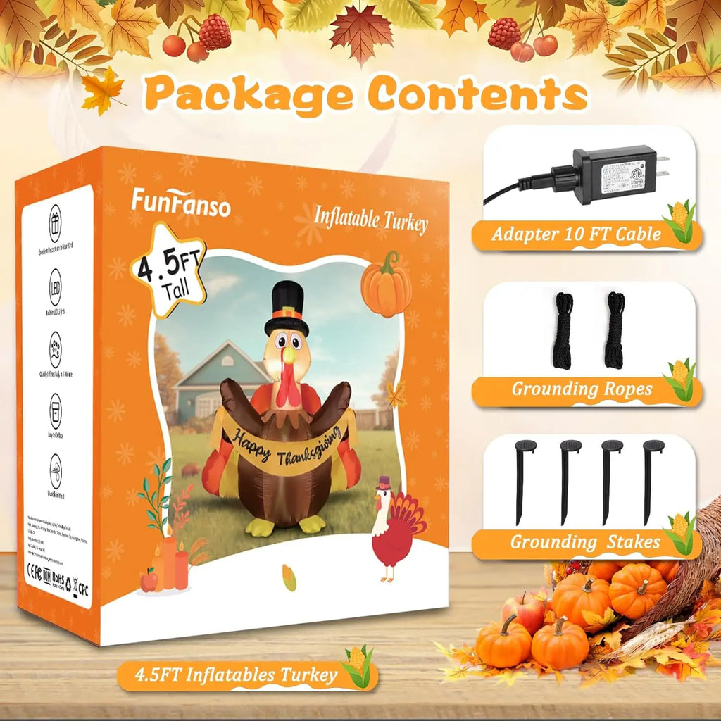 Pilgrim turkey inflatable package contents: 10 ft power cord, 2 ropes, and 4 stakes