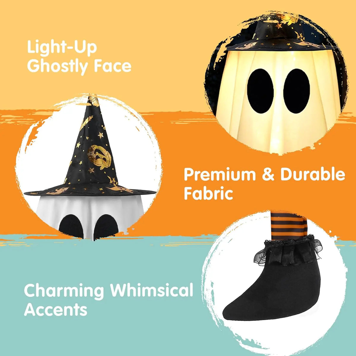 Close-up of the LED-lit ghost face, gold-print witch hat, and striped stocking with a lace-trim boot